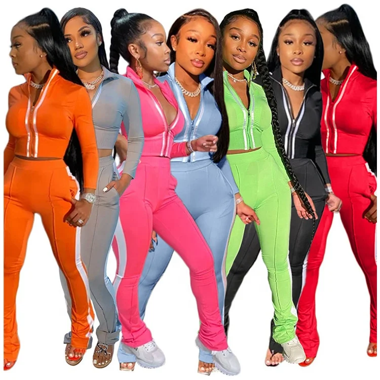

Reflective Stripe Jacket Tops Pants Tracksuits Outfits 2 Piece Suits Set Joggers Women, Gray / light blue / orange / red / black / green / pink