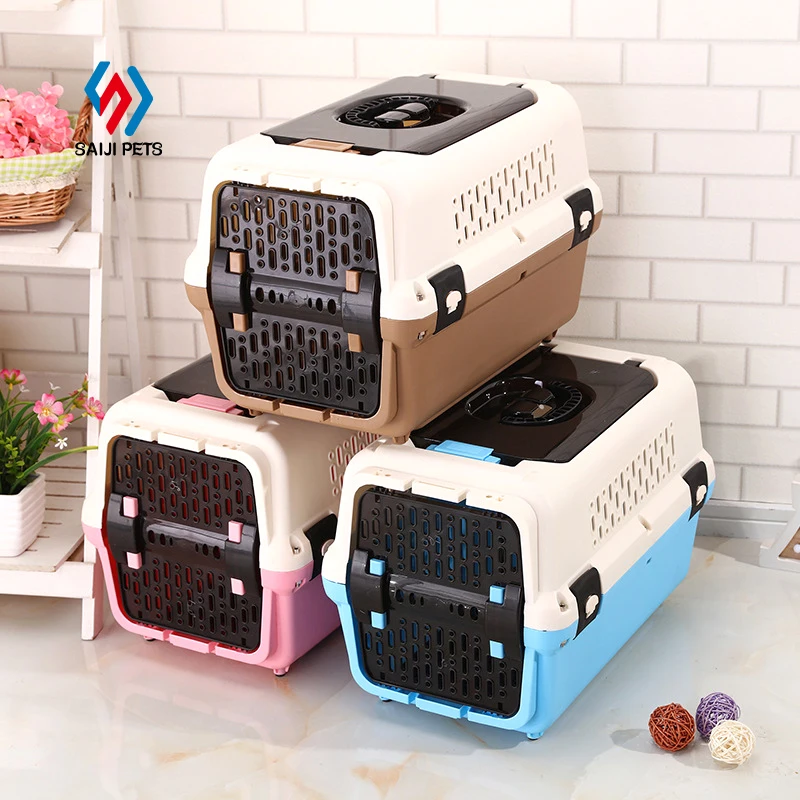 

Saiji factory direct sales large plastic aviation transport dog cat pet cage with car use portable carriers crates, Pink, blue, brown, customized color