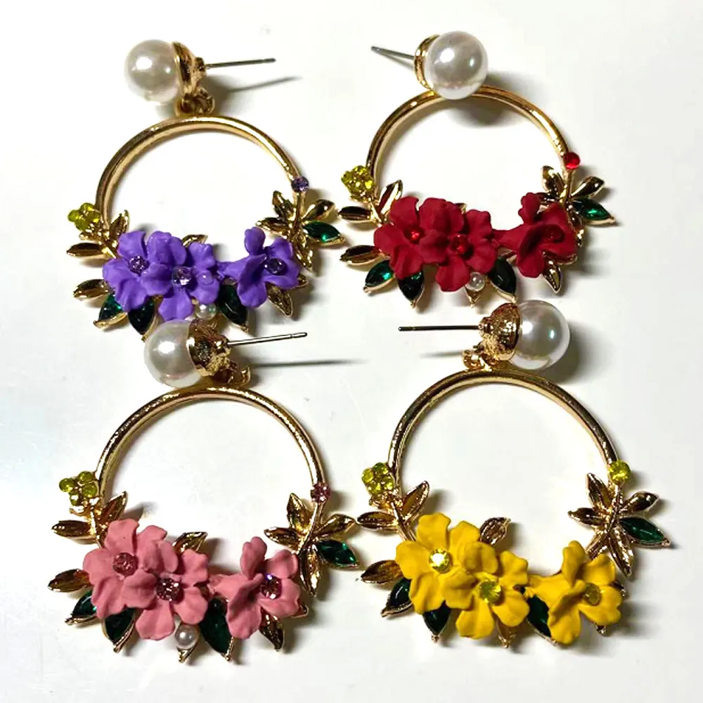 

cheap boho multi-color cooper alloy acrylic enamel floral flower metal hoop earring for women