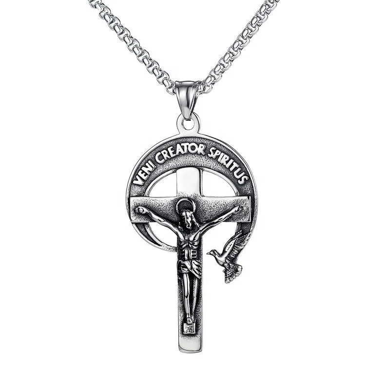 

Classic Religion Jesus Cross Peace Dove Moon Men Stainless Steel Cross Necklace, White