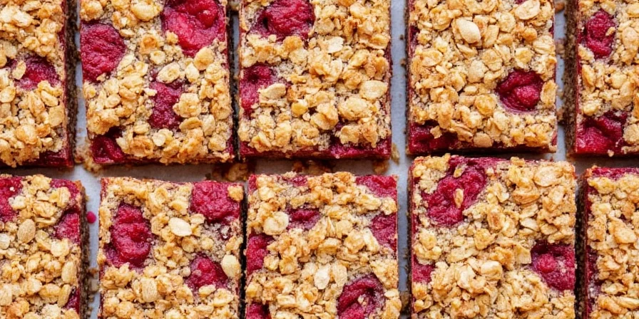 Raspberry oat crumble bar served with a spoon
