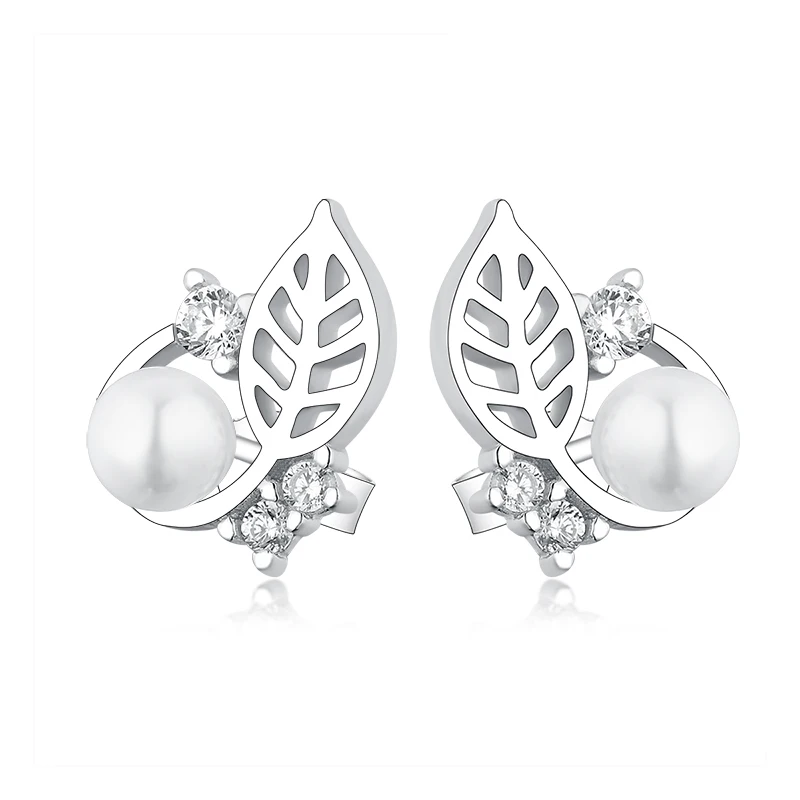 

925 Sterling Silver Beautiful Leaves Stud Earrings For Women Girl Trendy Silver Simple Pearl Earring Jewelry Gift