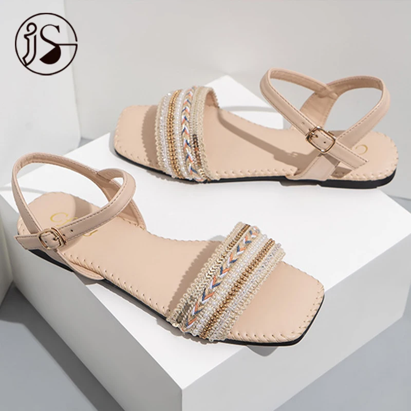 

Custom 2021 summer new ethnic style female sandals solid color square head strap flat heel low heel sandals women, Picture