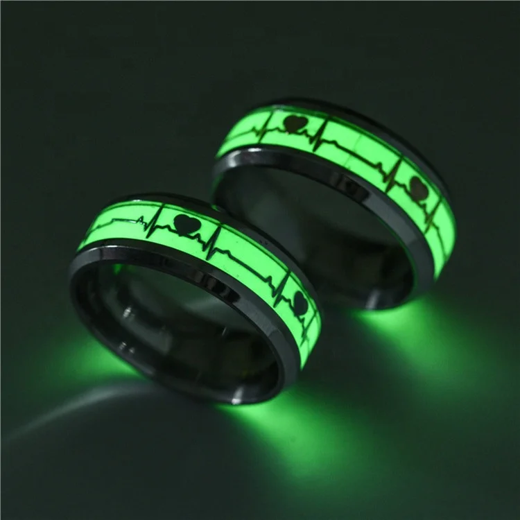 

Night glow trend simple stainless steel luminous ECG couple ring, Silver color