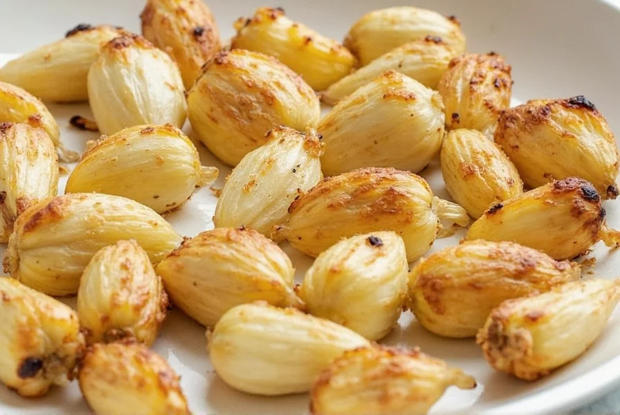 Roasted garlic cloves drizzled with olive oil on white plate