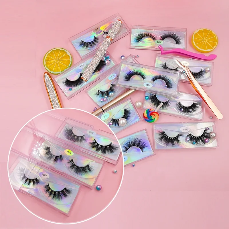 

Private label wholesale cruelty free vegan 20MM natural 3D 5D full strip mink eyelashes with free lash case, Black