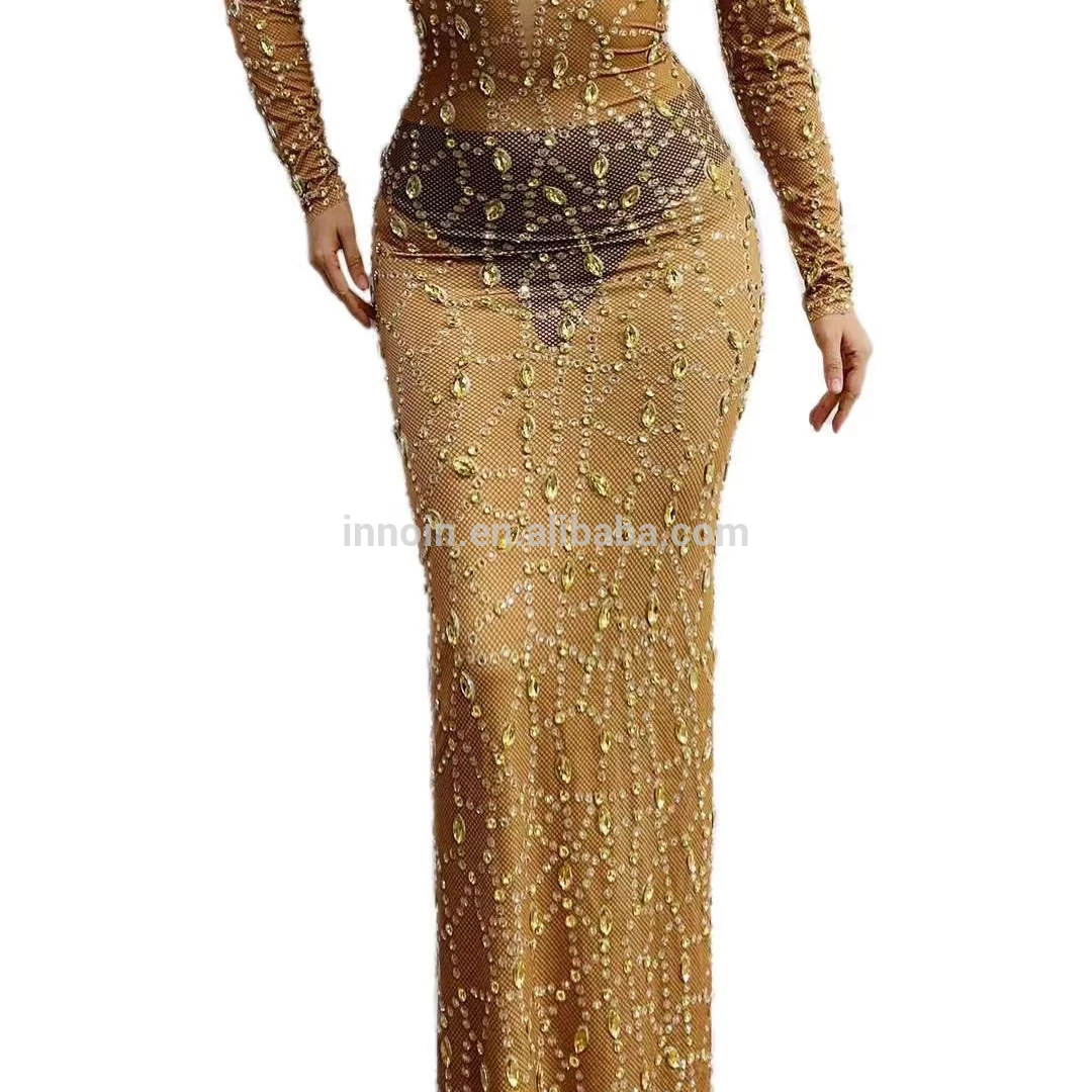 

Women Sparkly Gold Rhinestones Long Dress Stretch Spandex Wrap Hips Birthday Prom Celebrate Evening Party Singer Host Stage Wear