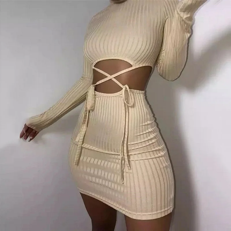 

Women Bandage Sling Dress Full Sleeve Hollow Out Ribbed Bodycon Elastic Hight Casual Turtleneck Streetwear Fashion Outfits