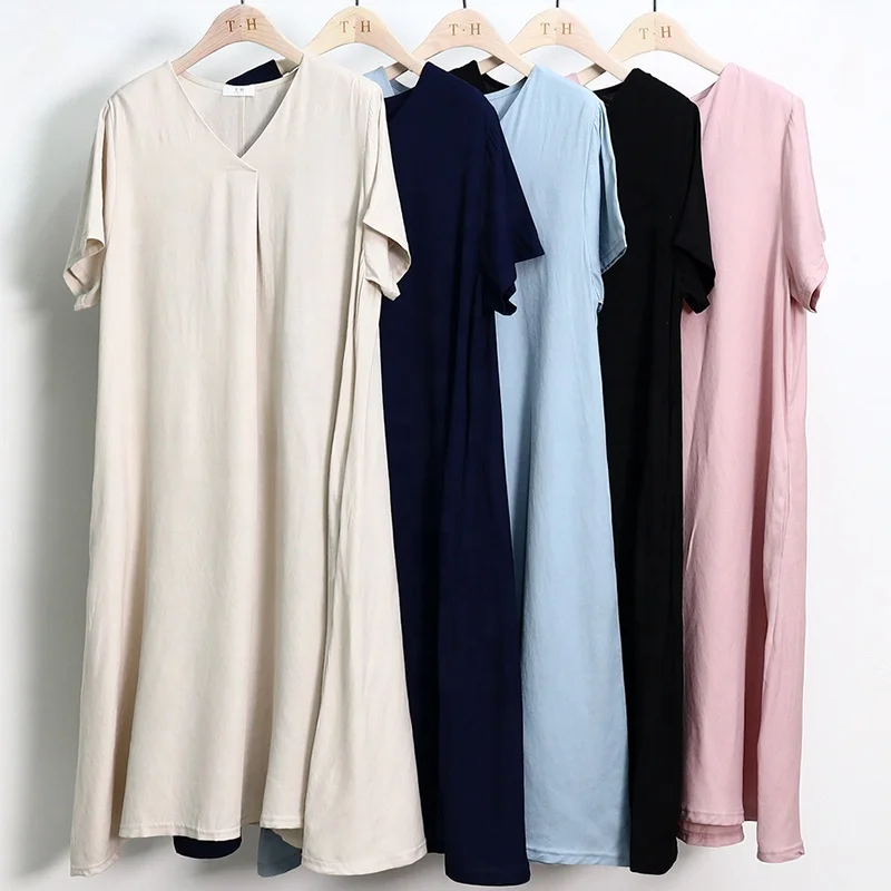 

B20646A 2021 summer V-neck turtleneck short-sleeved dress pure color temperament high waist slim women's skirt, Picture