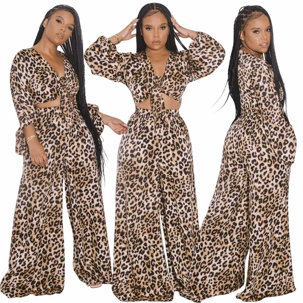 

Autumn New Ladies Sexy Leopard Print Short Top Wide-leg Pants Set Women's Casual Two-piece Set, Picture color