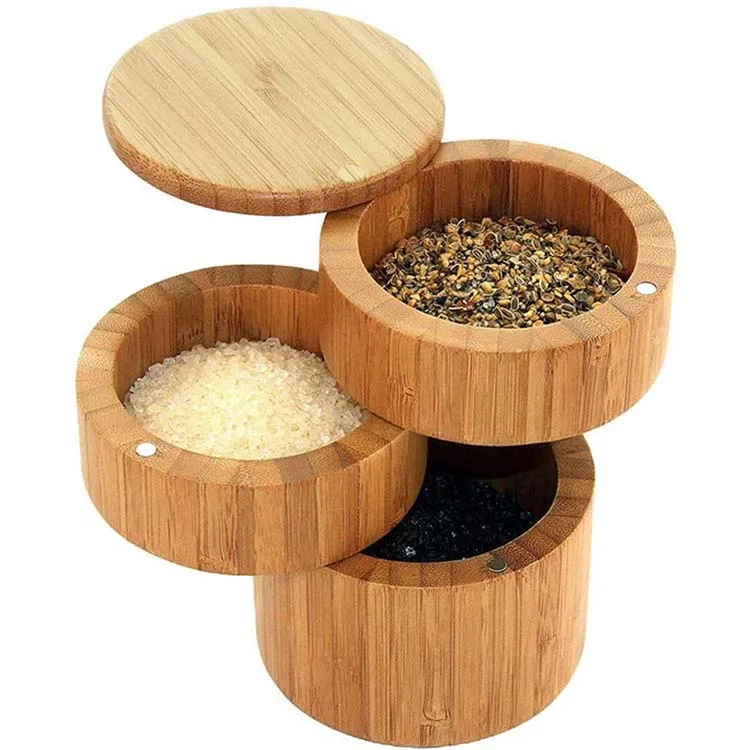 

Amazon Best Selling Eco-friendly Kitchen Products Bamboo Wood Triple Salt Spices Storage Container Box with Magnetic Swivel Lids, Natural color