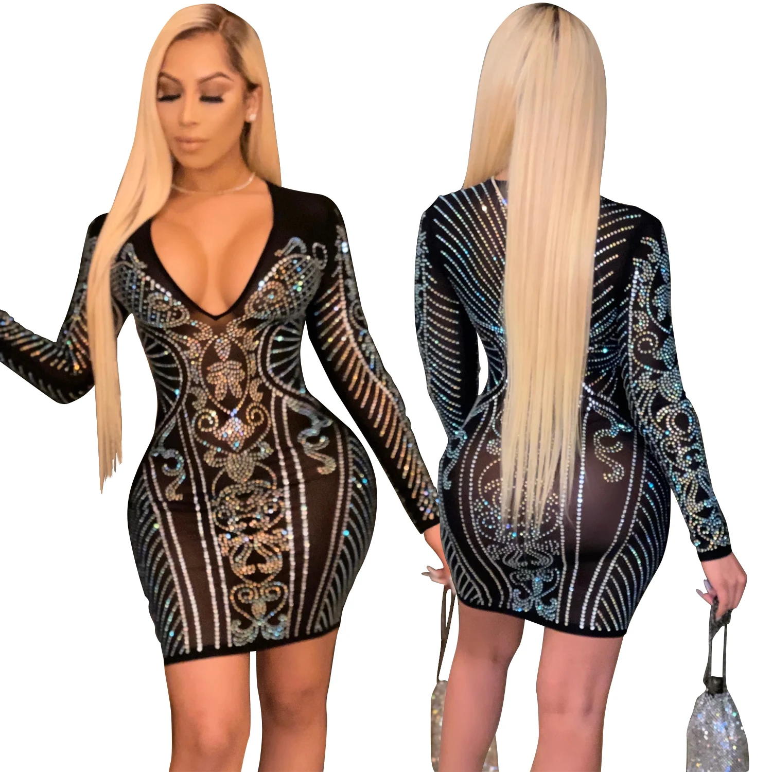 

Foma H3371 New arrival 2020 Fashion deep v-neck covered little diamond dress women's see through dresses