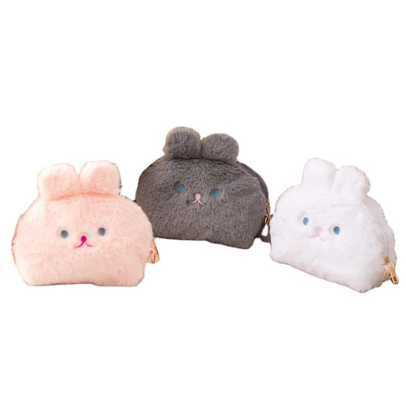 

Custom 3 Colors Creative Artificial rabbit fur Rabbit Plush Embroidered Smile Soft Small Coin Purse Wallet Plush Pouch, White, pink, gray