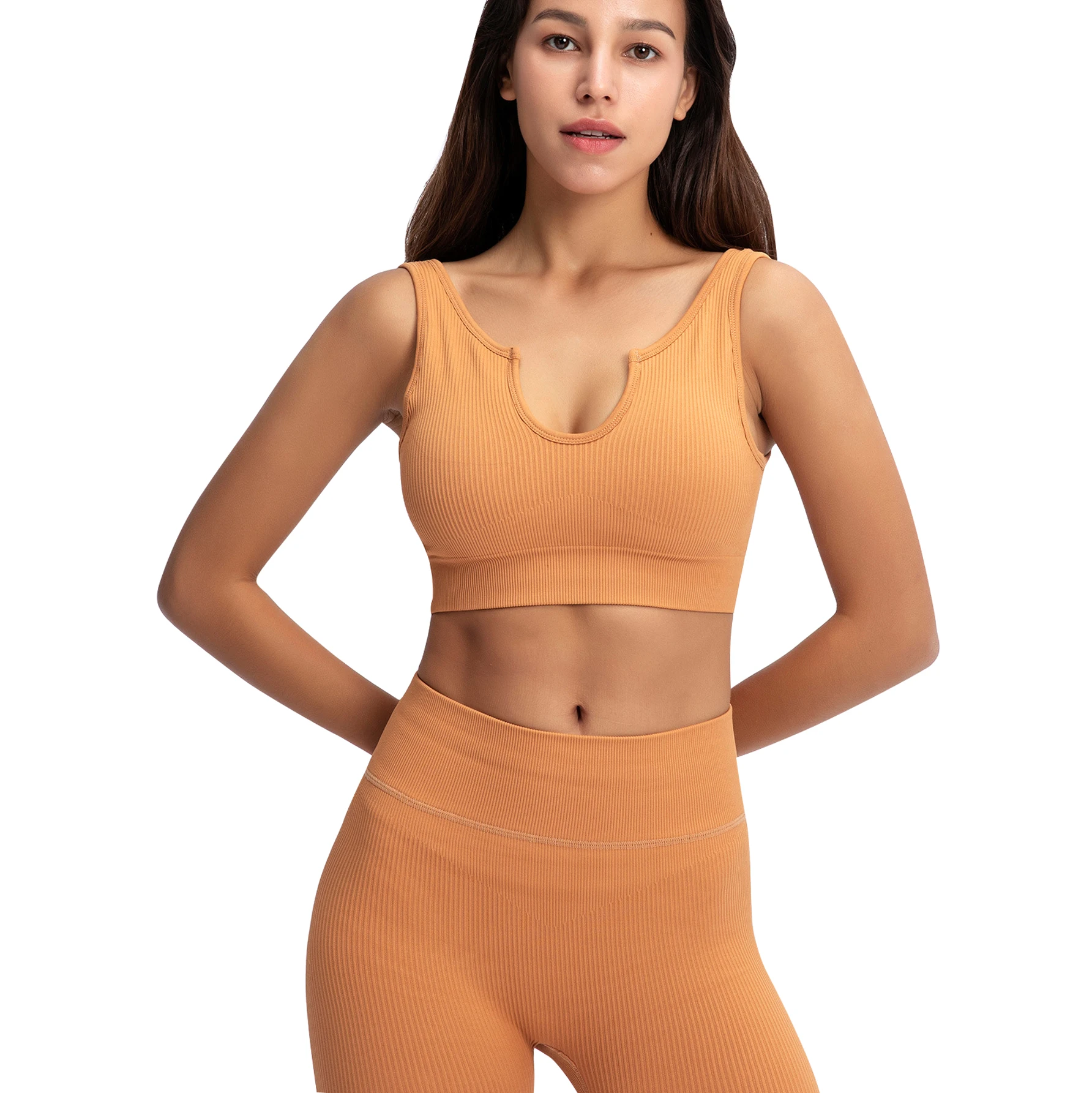 

Women Compression Soft Elastic Ribbed Seamless Leggings and Bra Set