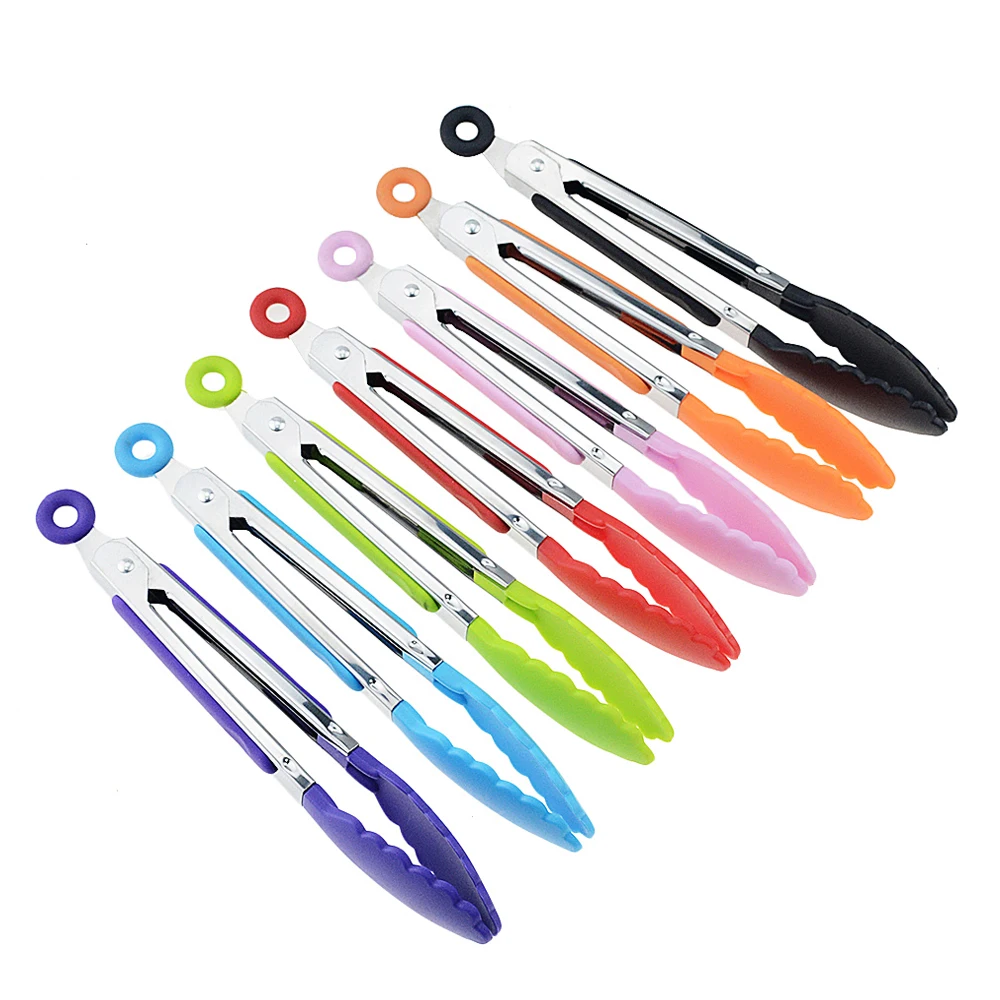 

silicone stainless steel mini 7 9 12 Inch food BBQ tong kitchen ice tongs, Colorful