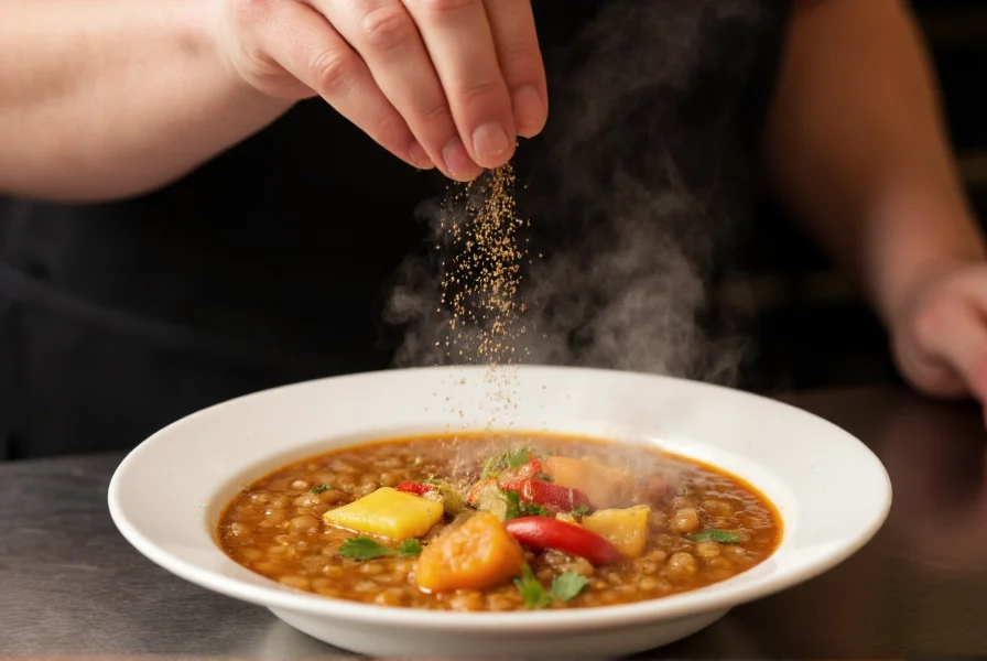 Chef's hands sprinkling freshly ground cumin over a bowl of steaming lentil soup