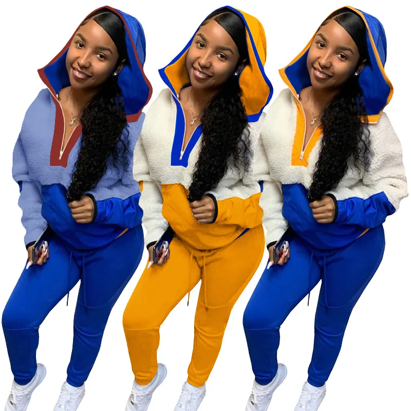 

Lamb Hair Sweater Two Piece Set Women Clothing Hooded Patchwork 2 Piece Pants Set for Ladies