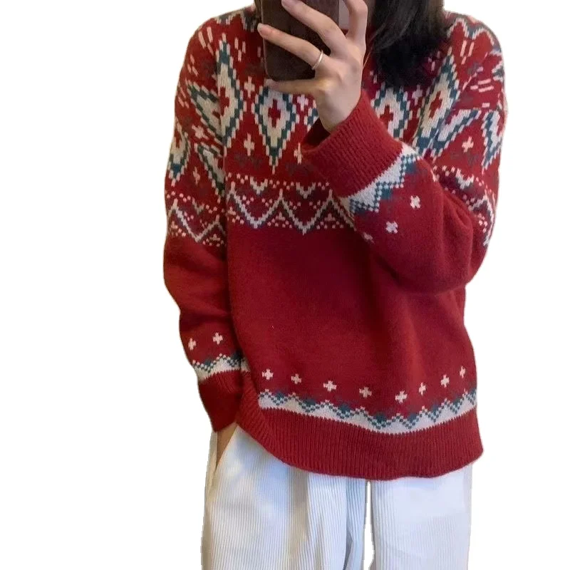 

2021 wholesale women long sleeve contrast color Christmas styles autumn winter over size ugly Ladies knitted sweater