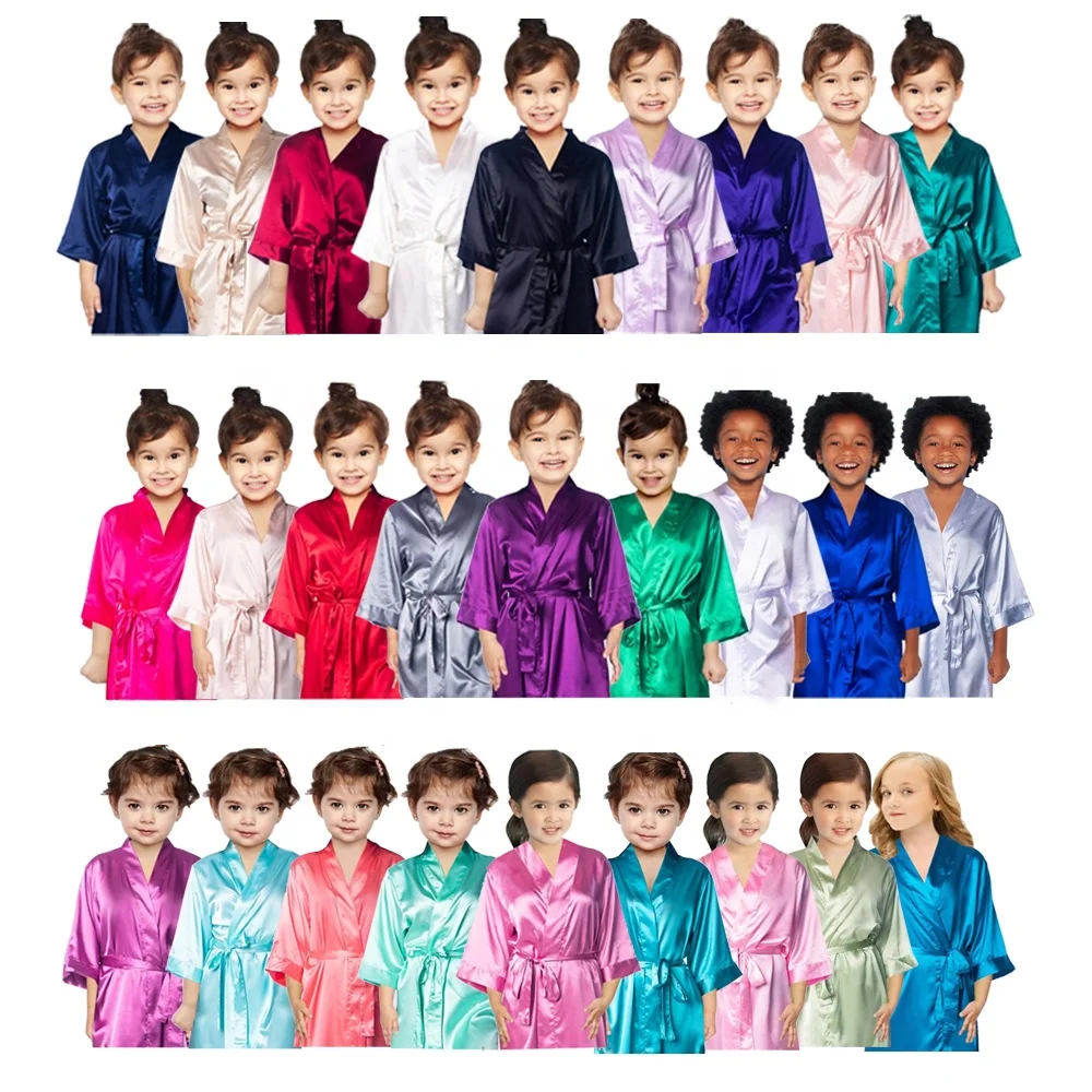 

Factory Wholesale Kids Children Kimono Silk Satin Robes Custom Solid Color Girls Spa robe Party Wedding Birthday Nighties