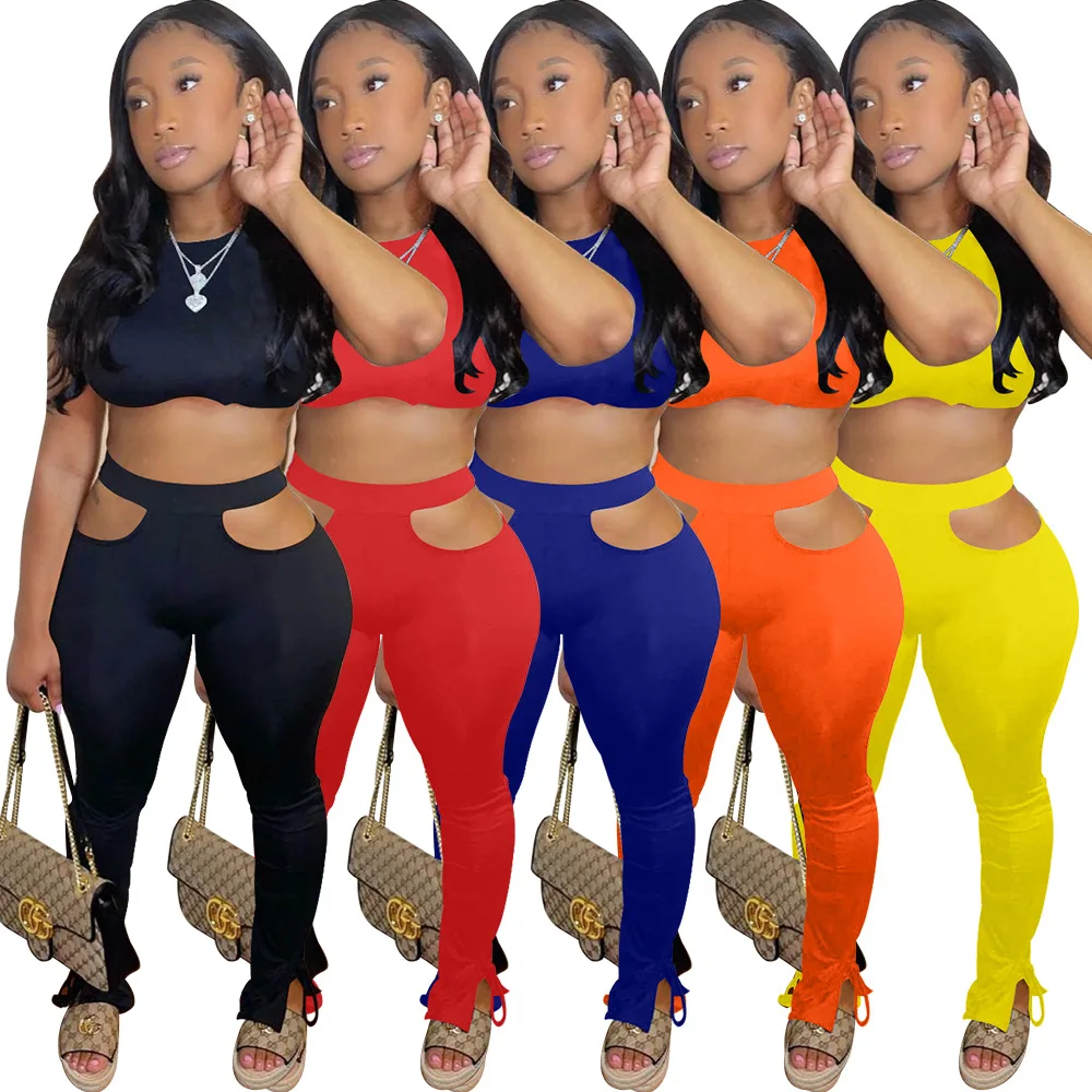 

Best selling product summer short-sleeved leggings hollow suit 2021 sexy women's clothing fitness clothes 2 piece set women, Show