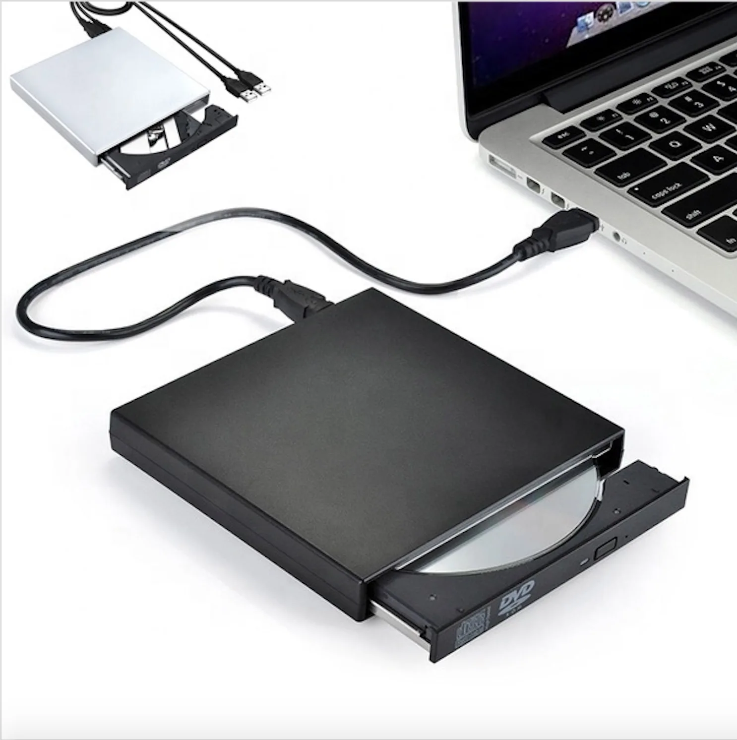 

USB External CD-RW Burner DVD/CD Reader Player with Two USB Cables for Windows Mac OS Laptop Computer, Black