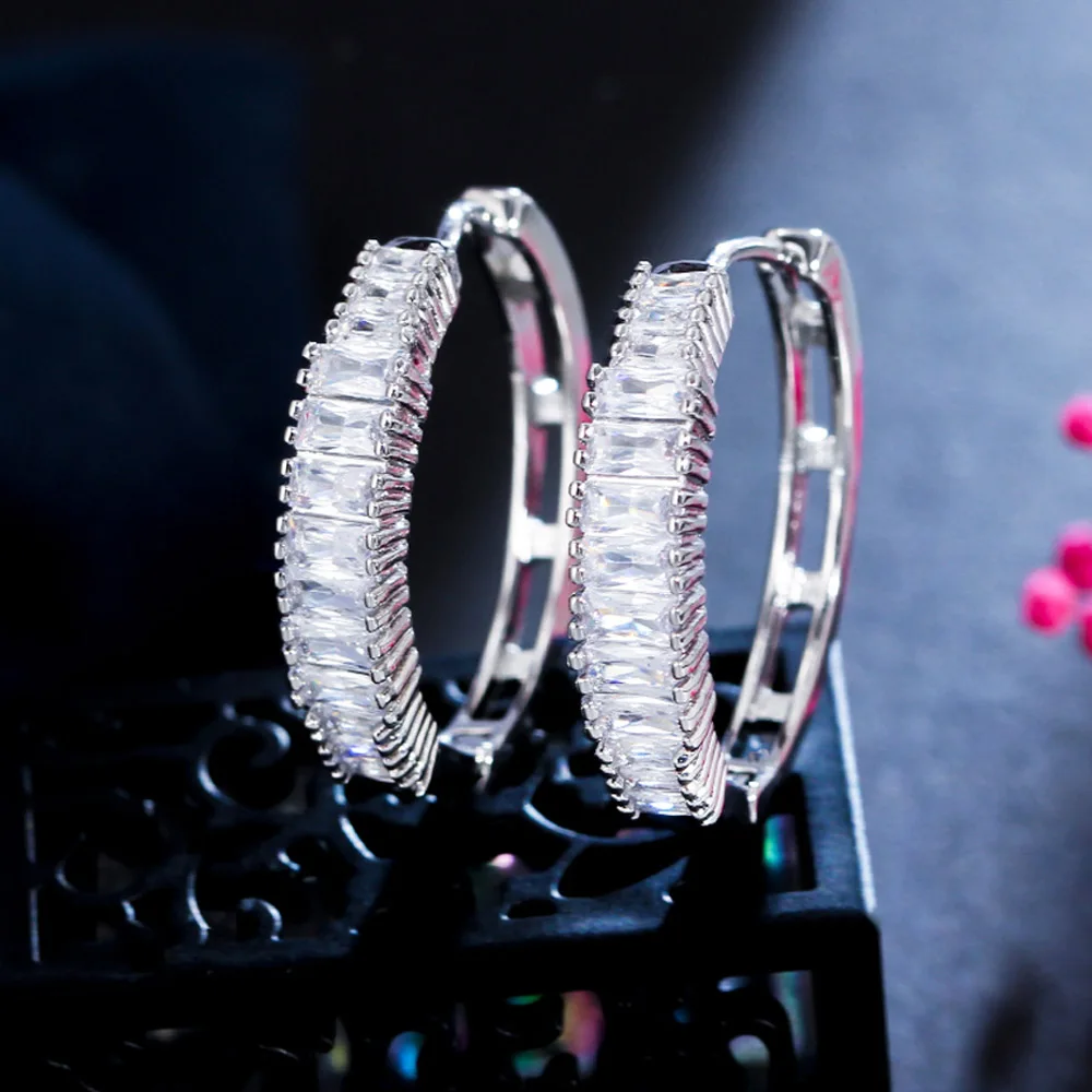 Chic Round White Baguette CZ Silver Plated Bling Fashion Circle Hoop Earrings Accessories for Women Daily Party Jewelry