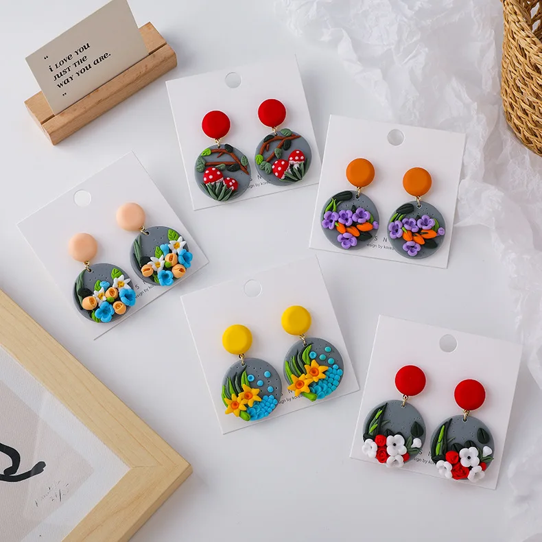 

Retro Handmade Jewelry Sea Element Multi Flower Polymer Clay Earrings Colorful Flower Drop Earrings