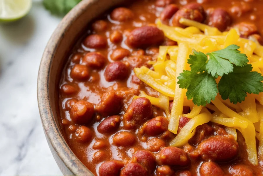 Finished bowl of rich red chili beans with melted cheese topping and fresh cilantro garnish