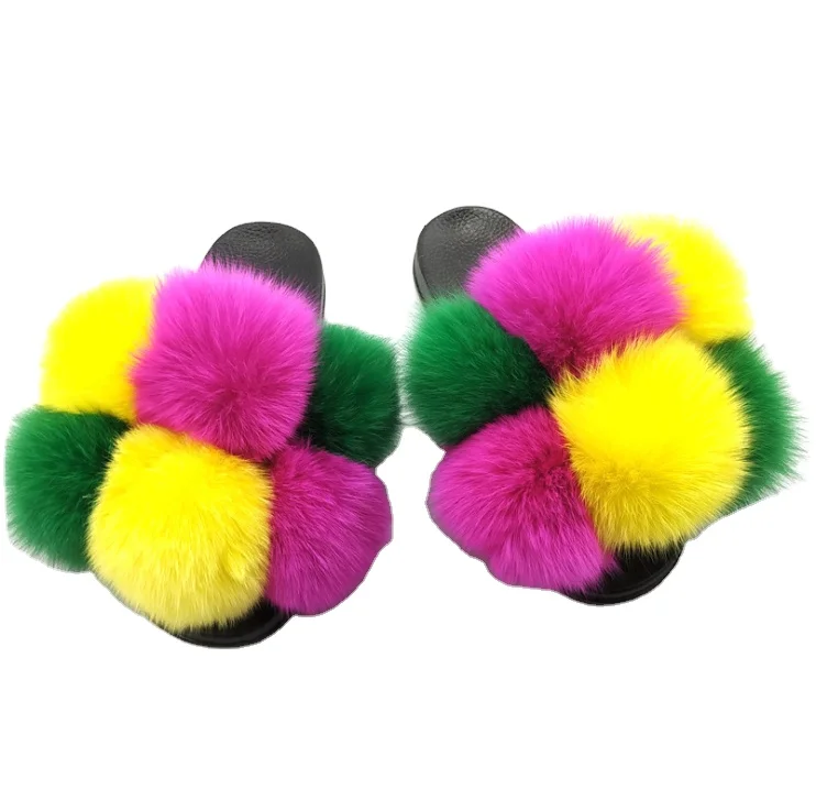 

Colorful Fluffy Fur Furry Fur Slippers , Open Toe Slide Slipper For Women Custom Fur Slippers Plush Faux, White/yellow/green/blue/red/black