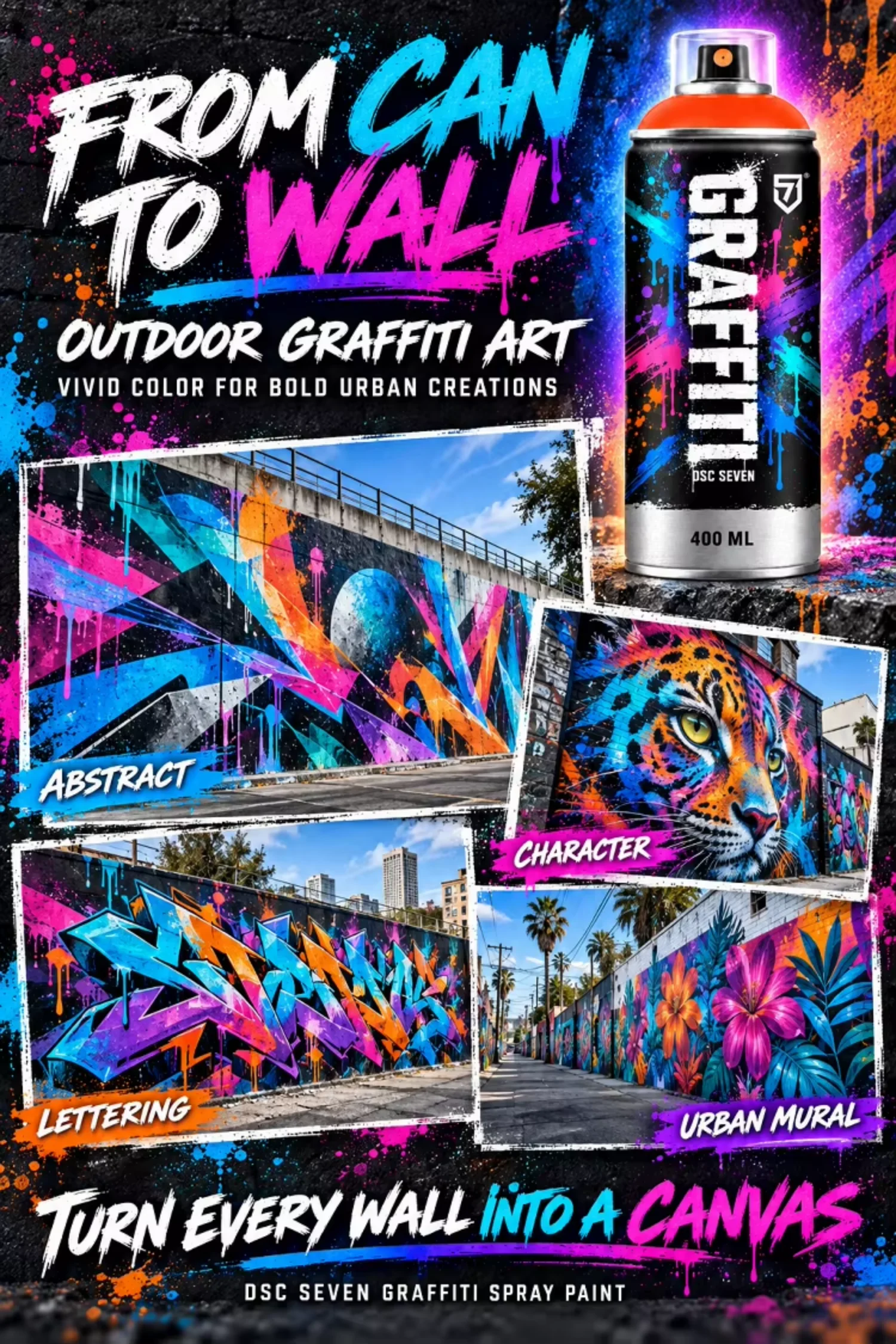 High Coverage 400ml Acrylic Graffiti Spray Paint Multiple Spray Cap Options Vivid Color Professional Aerosol