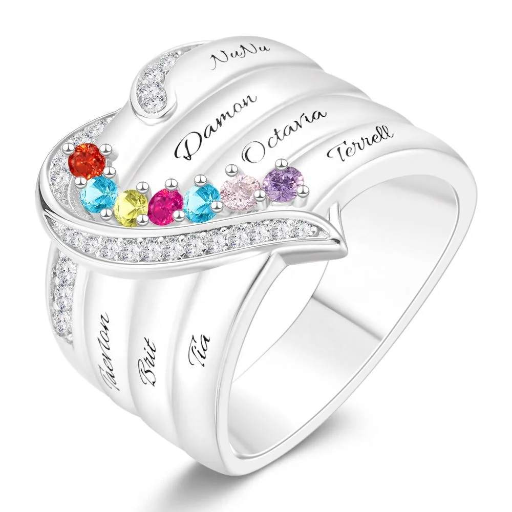 

925 Silver Family Birthstone Rings Engagement Jewelry Colorful Rings Women Love Heart Custom Metal Seven Names Ring