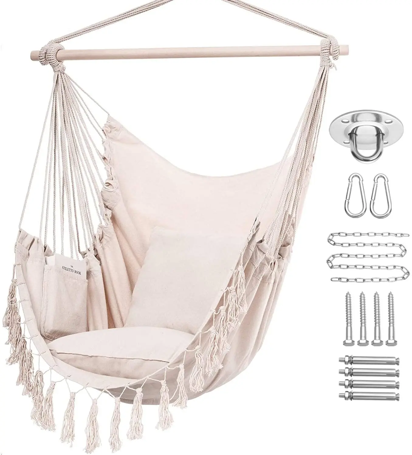 Woqi Hot Sale Magazine Pocket Hanging  Cotton Rope Camping Hanging Swing Hammock Chair