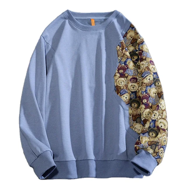 

Wholesale round neck shirt loose sweater men stitching bear embroidery fashion terry sweatshirt, Shown