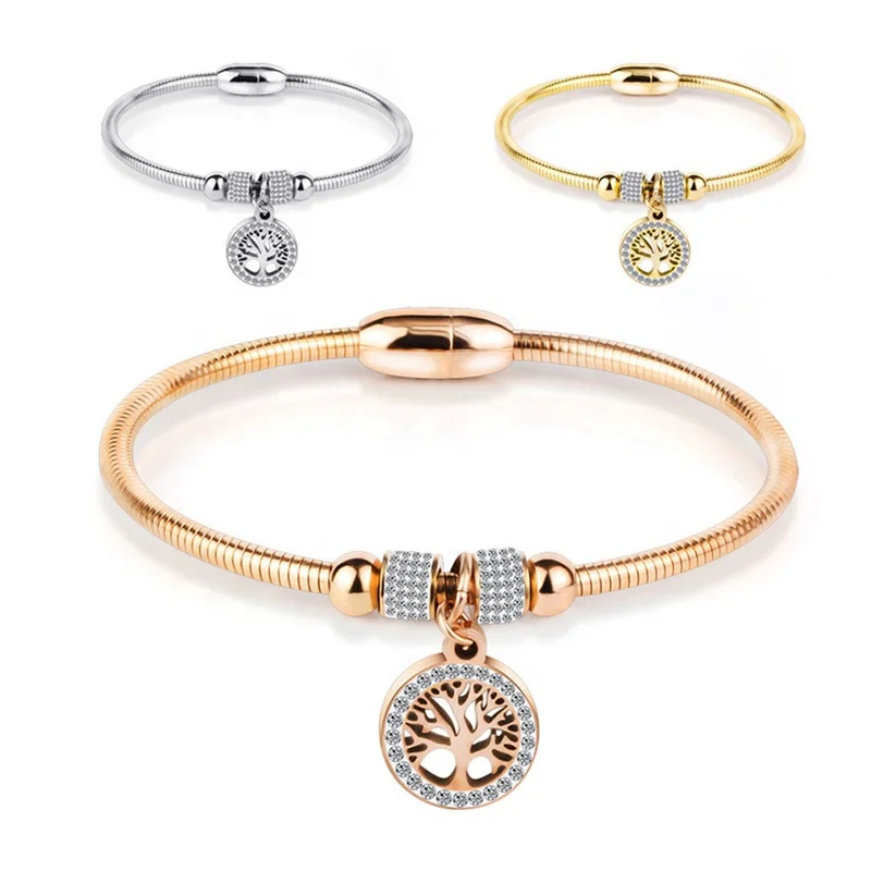 

2020 Wholesale Jewelry High Quality Zircon Life Tree Charm 316L Stainless Steel Women Bracelet,Magnetic Clasp Bracelet