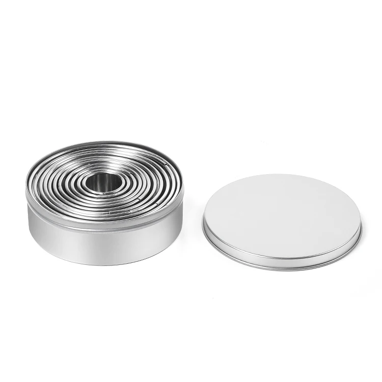 

11pcs Stainless Steel Circle Pastry Baking Ring Molds Round Cookie Biscuit Cutter set for Donuts with tin box, Silver