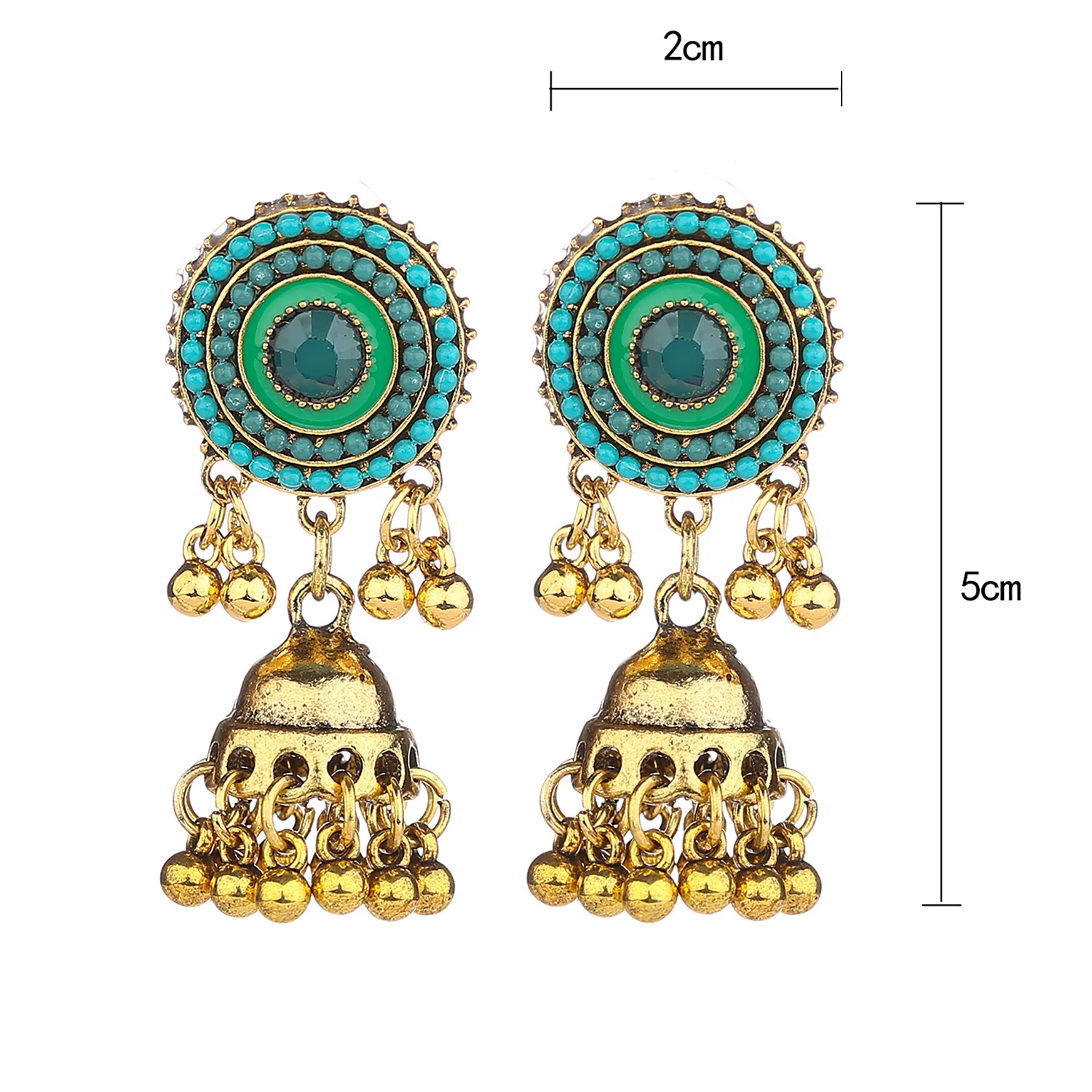 

Factory Outlet Luxury Unique Indian Gem Beads Gold Alloy Bells Earrings for Women Customized