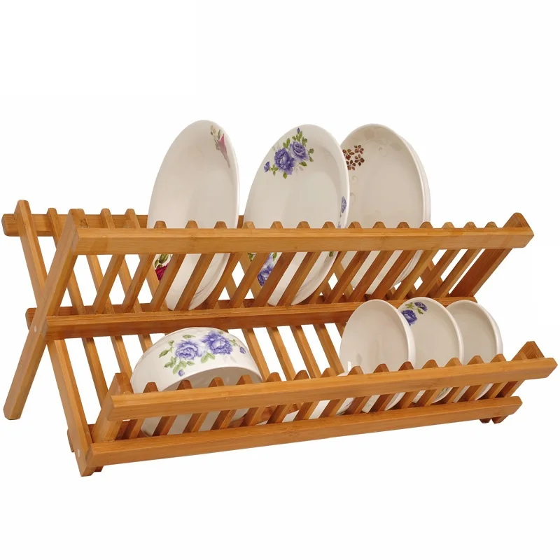 

2 layer 2 tie bamboo wooden kitchen dish bowl drainer racks organizer holder shelf, Black