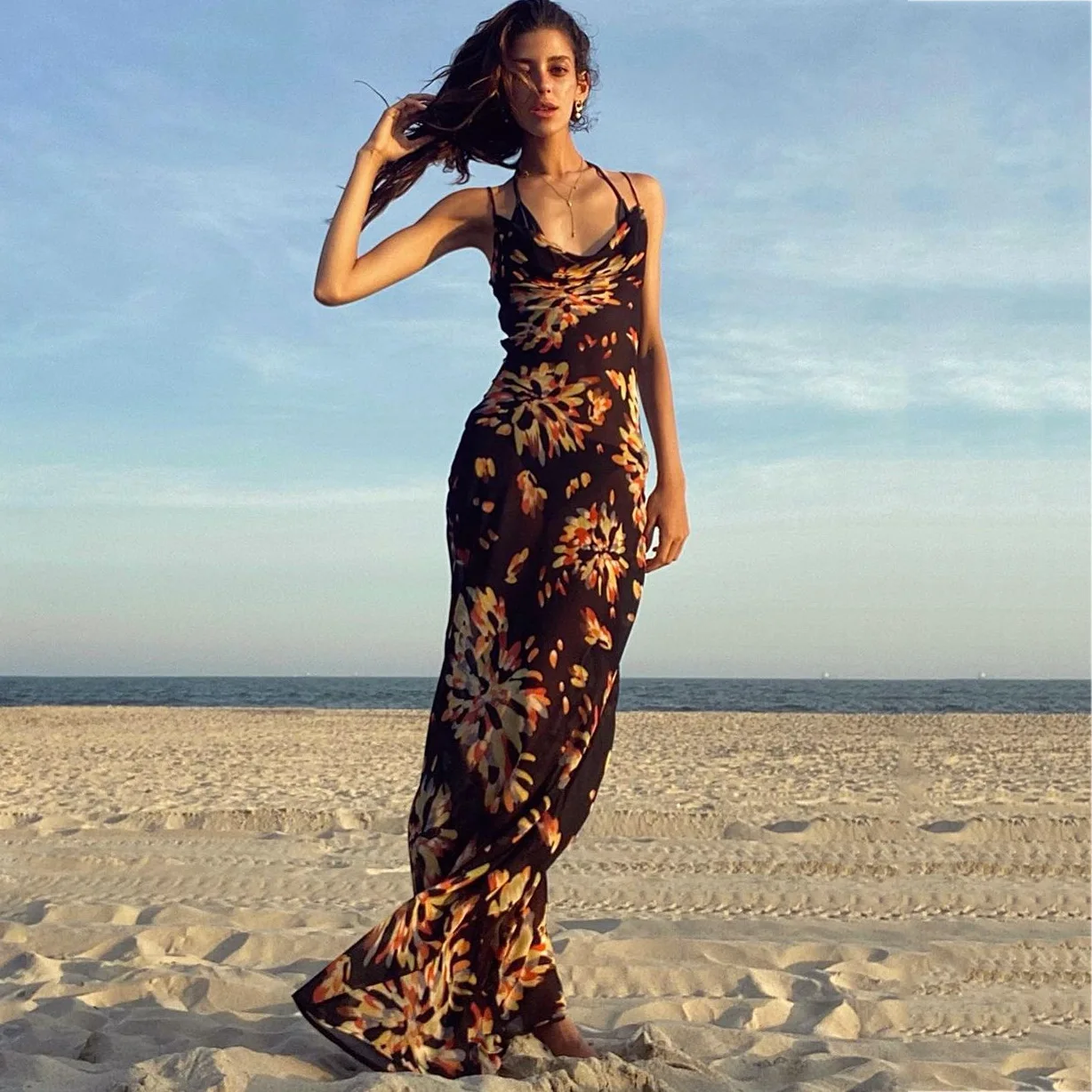 

2022 New Arrivals Spring V Neck Sleeveless Sexy Printed Women Bodycon Maxi Long Dresses, Strip