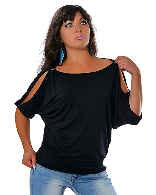 

High quality round collar T-shirt with open shoulder hoop for women