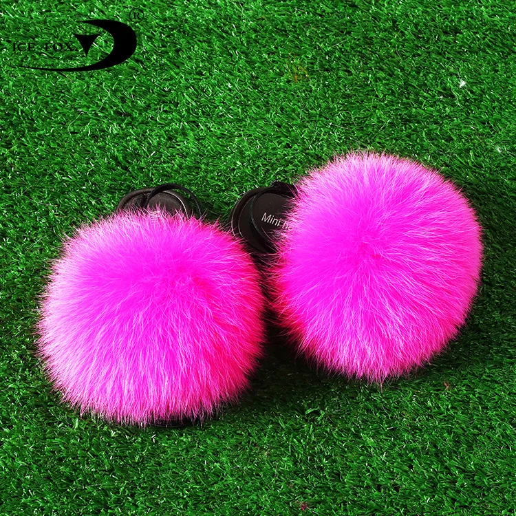 

Wholesale Furry Real Fox Raccoon Fur Slippers Summer Kids Toddler Fur Slides With Strap, Customized color