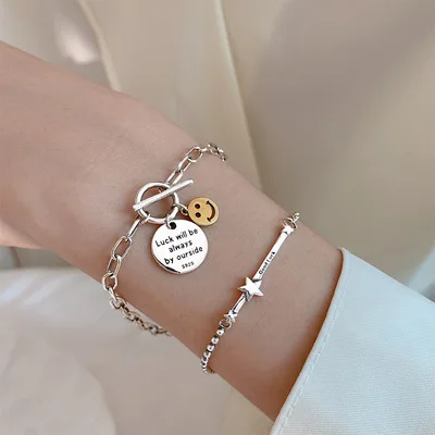 

S925 Sterling Silver Bracelet Fashion Letter Bracelet Smiley Face Bracelet for Women Girls Jewelry