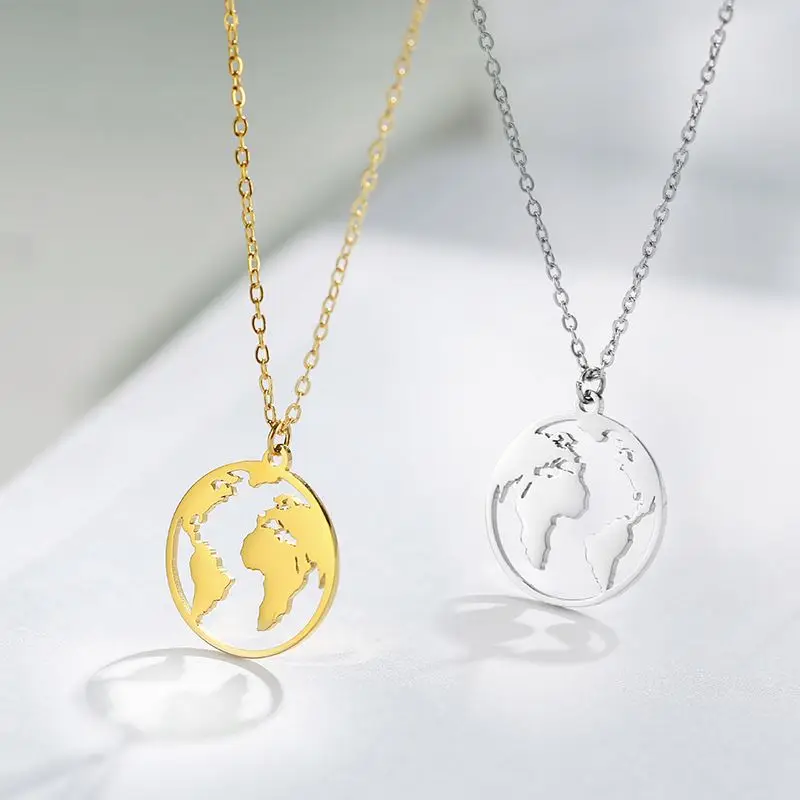 

2021 Factory Price Gold Plated Stainless Steel World Map Trendy Fashion Necklace Jewelry, Customized color