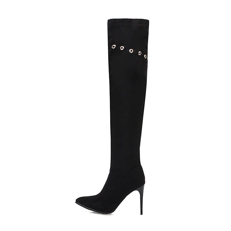 

Autumn Winter Pointed Head Suede Leather Side Zipper Women's Over-the-Knee Boots Stilettos, Black