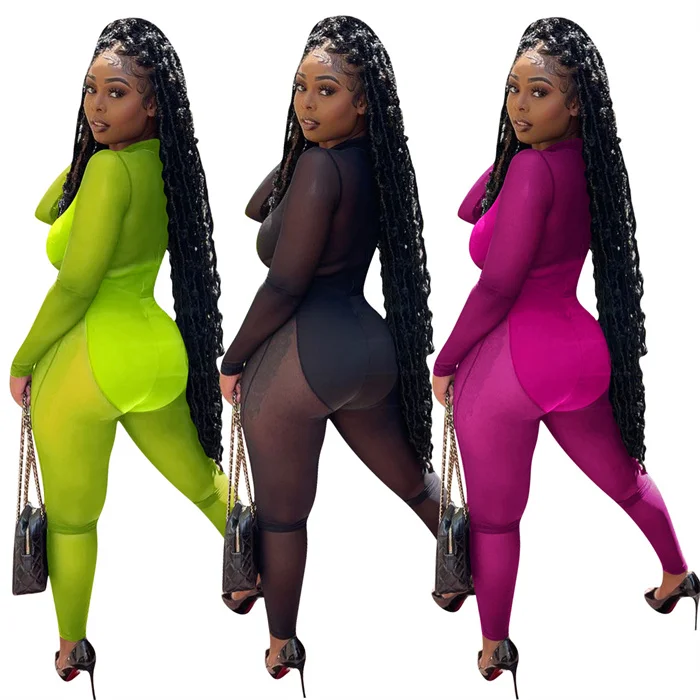 

Sexy Mesh bodysuit High Neck Zipper Combinaison Femme Barboteuse One Piece Jumpsuits 2021 Women Jumpsuits And Rompers, 7 colors