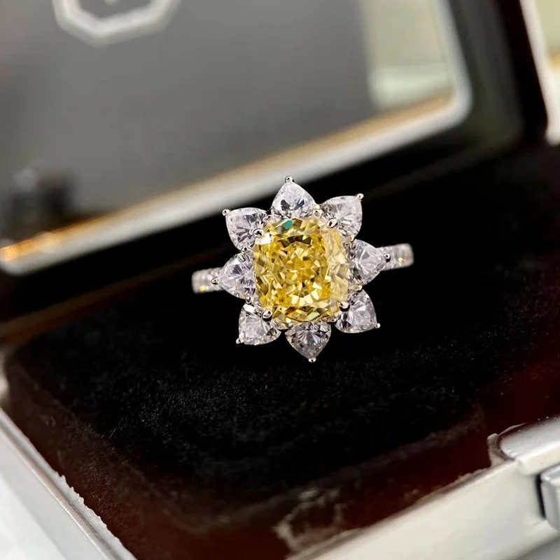 

High Carbon Rings 925 Sterling Silver  Yellow Diamond Iced Cut Zircon Jewelry Flower Shape Wedding Rings Diamond For Women