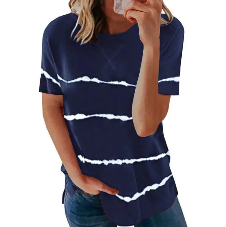 

2021 New O-neck Short sleeved T-shirt With Striped Print Women Summer Breathable Tee Shirts Female Loose Tops Custom Logo, 16 colors