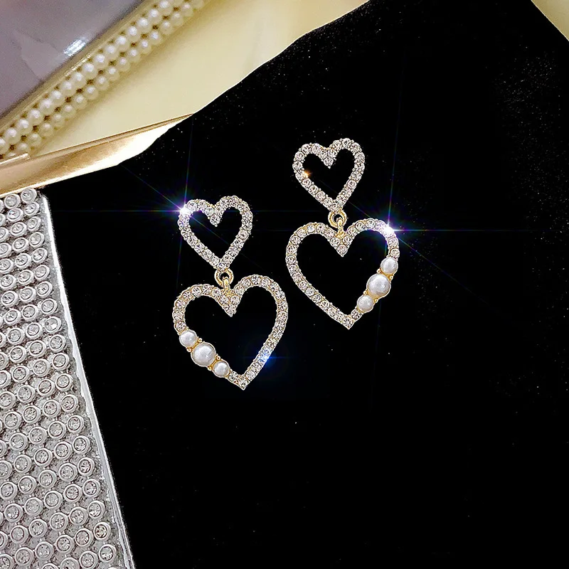 

Hypoallergenic S925 Silver Pins Diamond Pearls Double Heart Pendants Earrings Beautiful Rhinestone Heart Shaped Drop Earrings, Picture shows/custom color