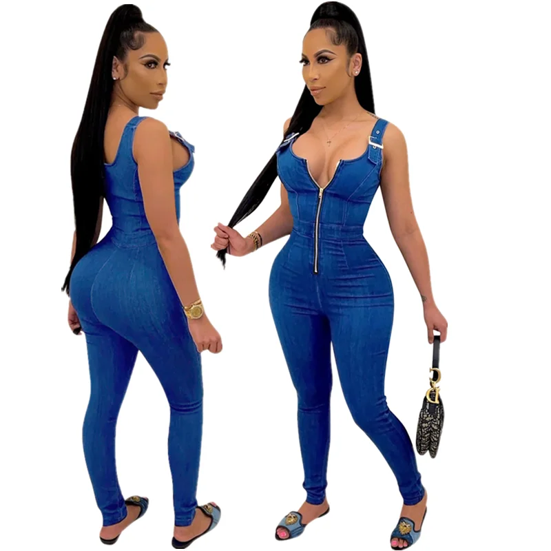 

V-Neck Skinny Slim-Fit Jumpsuit Jeans Trouser Zipper Pocket Blue Jumpsuits Overalls Sleeveless Backless Denim Bodysuit