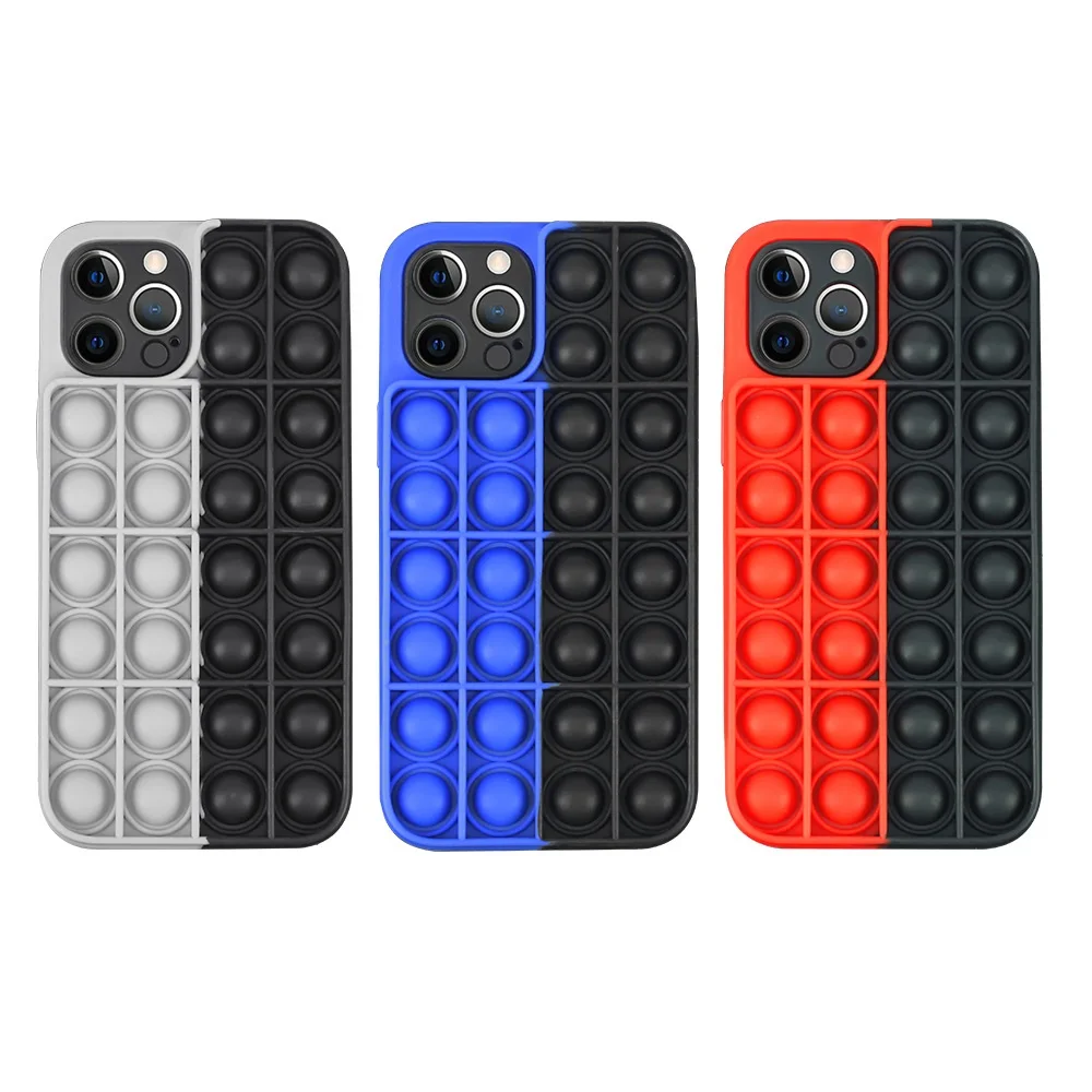 

Wholesale silicone mobile phone case shockproof soft push bubble pop fidget toys anti-fall cover for iphone 12 pro max series, 6 colors