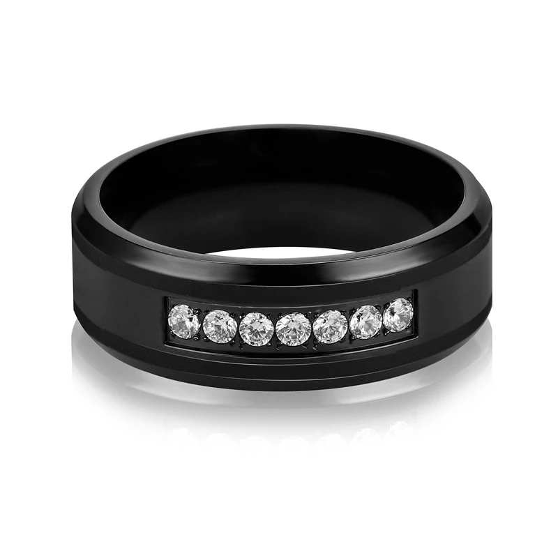 
8mm black tungsten Carbide Ring 7 Cubic Zircon Trillion gay wedding ring 